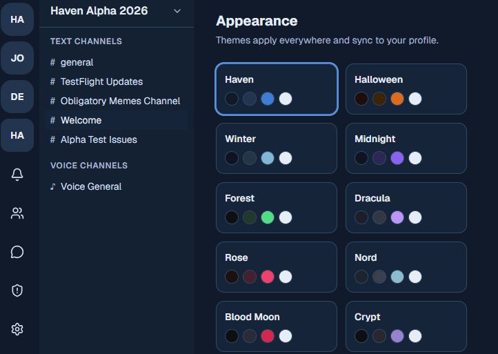 Haven desktop appearance settings with selectable themes