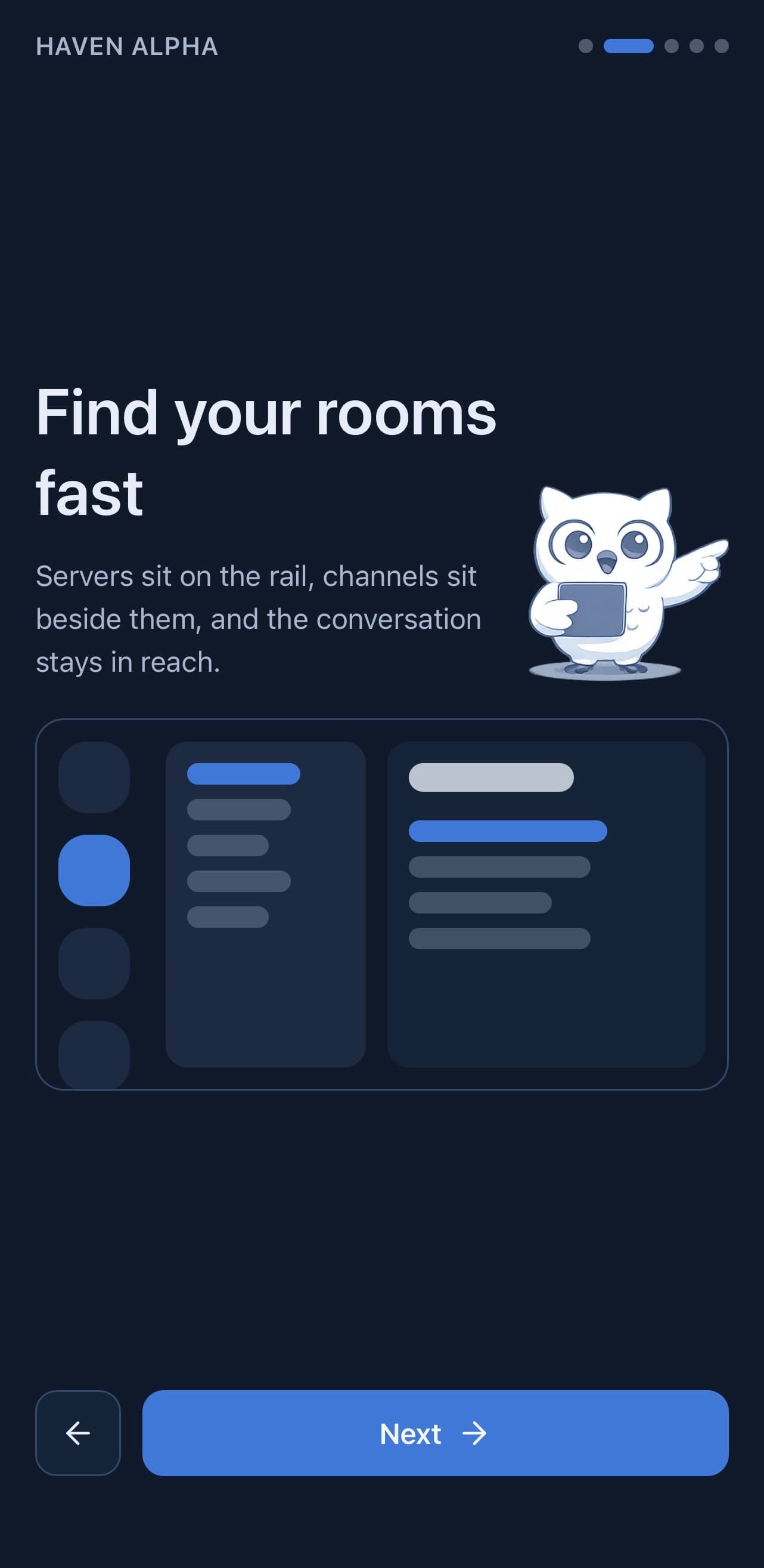 Haven mobile onboarding showing server and channel navigation