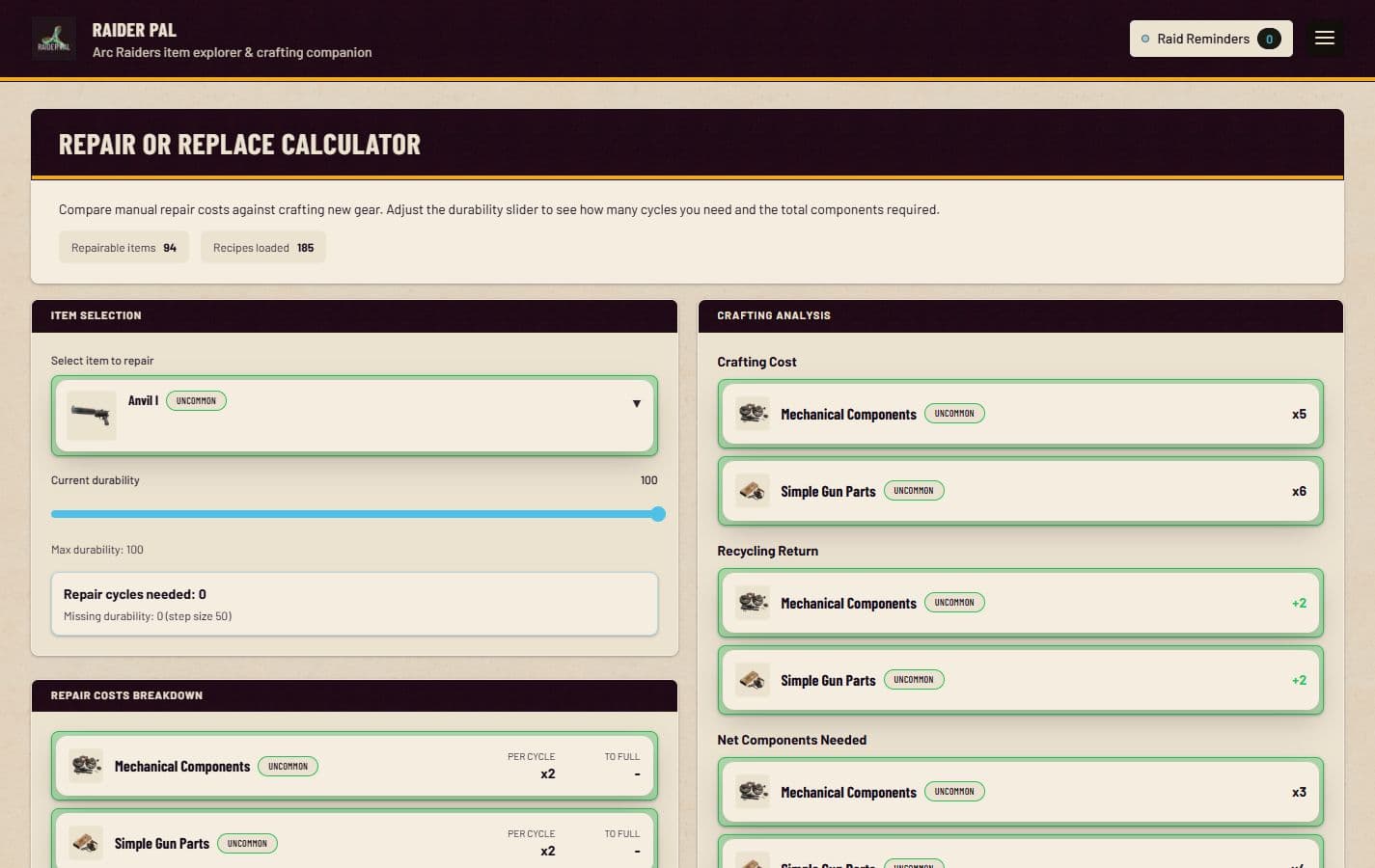 Raider Pal repair calculator interface